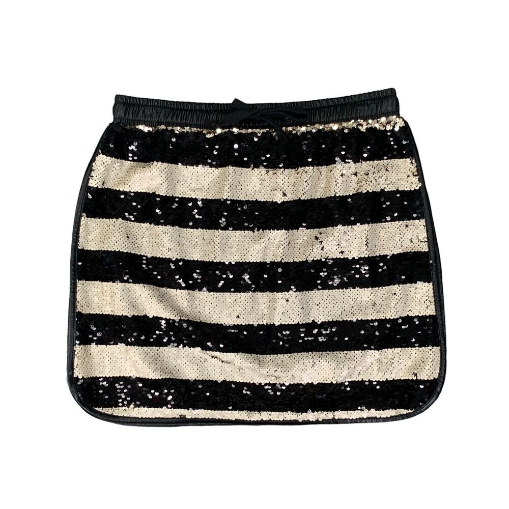 Gianni Bini Skirt Womens L Large Black Gold Jamie Striped Sequined Lined Mini